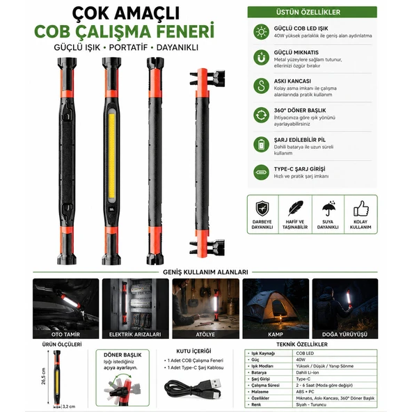 40W COB LED Şarjlı Çalışma Lambası Mıknatıslı Askılı Type-C GS2080 ürün görseli 1