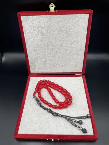 1000 Ayar Trabzon Kazaz Püsküllü Ateş Kehribar Tespih – 8x12 mm ürün görseli 1