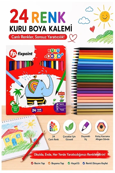 24 lü Kuru Boya Kalemi Karton Kutu 1 Paket Fixpoint 24 Renk Kuruboya Tam Boy Canlı Renkli Boya Kalem Okul Öğrenci ürün görseli 1