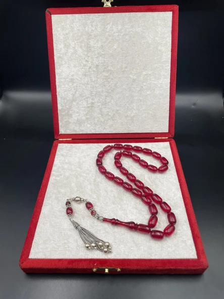 925 Ayar Gümüş Dizayn Kapsül Kesim Ateş Kehribar Tespih – 13x8 mm ürün görseli 1