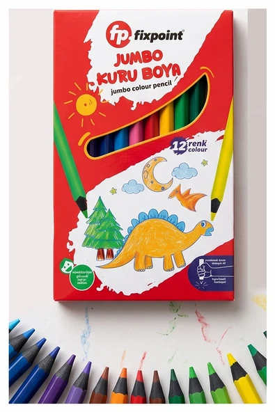 12 li Jumbo Kuru Boya Kalemi Karton Kutu 1 Paket Fixpoint Kalın 12 Renk Jumbo Kuruboya Tam Boy Renkli Kalem ürün görseli 1