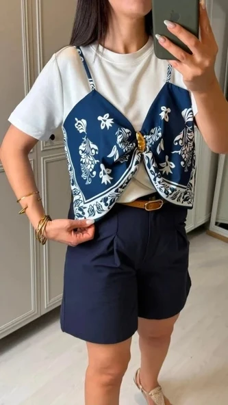 Kadın şal Desen Detay Bluz Ve Keten şort Ikili Takım ürün görseli 1
