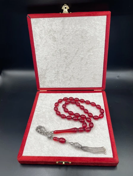 Sülün İmameli Arma Kesim Ateş Kehribar Tespih – 12x9 mm | 925 Ayar Gümüş ürün görseli 1