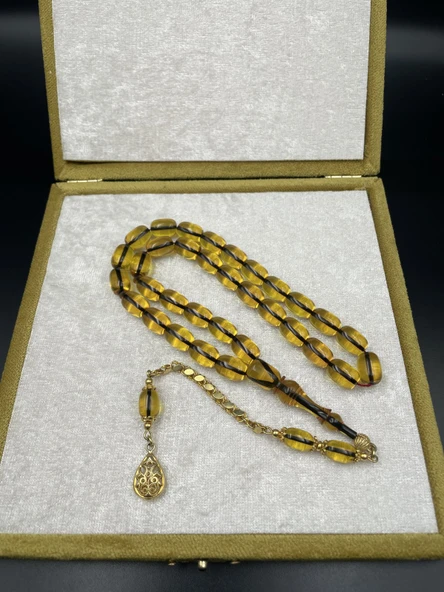 Rodajlı Gold Gümüş İp Yolları Eskitme Ateş Kehribar Tespih – 11x8 mm | 32 gr ürün görseli 1