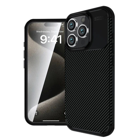 Apple İphone 16 Pro Max Kılıf Auto Focus Karbon Kapak - Siyah ürün görseli 1
