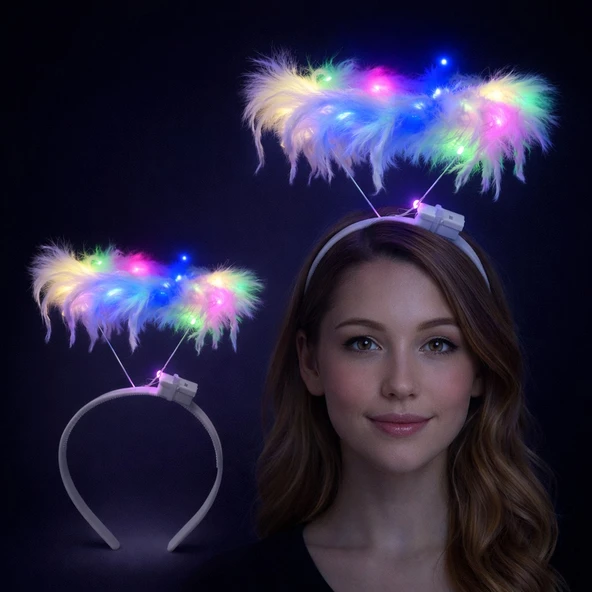 Renkli Led Işıklı Beyaz Tüylü Püsküllü Parti Tacı ürün görseli 1