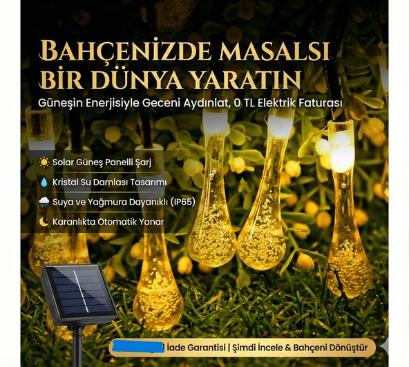 10 Led 2 Metre Sarı Kristal Su Güneş Enerjili Led Işık Solar Bahçe Ağaç Lamba Aydınlatması ürün görseli 1