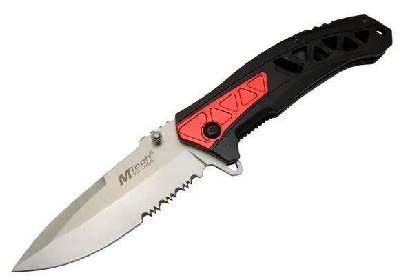 Mtech 4192 Kırmızı Kamp Çakı 21Cm - Yarı Otomatik, Kemerlikli, Testere Detaylı, Desenli Sap ürün görseli 1