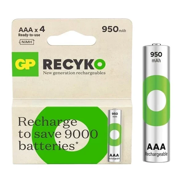 Gp Recyko 950 Mah Aaa 4'Lü Şarjlı İnce Kalem Pil Gp100Aaahce-2Eb4 (Gprhc103E001) ürün görseli 1