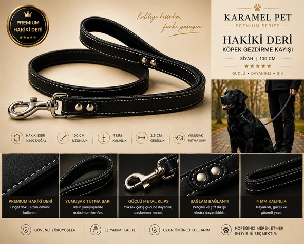 Hakiki Deri Gezdirme Kayışı Siyah 100 Cm Yumuşak Doulu Tutma Saplı ürün görseli 1