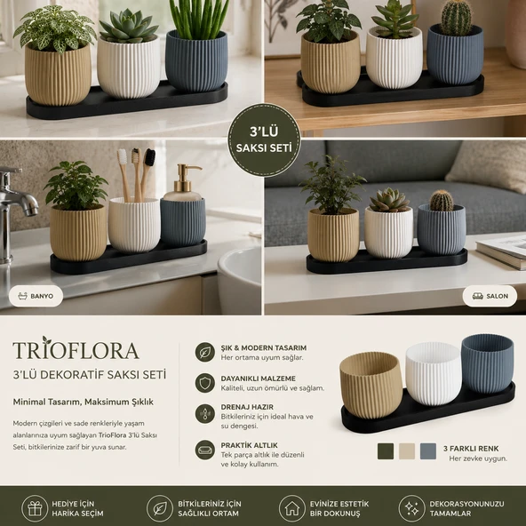 TRIOFLORA 3'LÜ DEKORATİF SAKSI SETİ ürün görseli 1