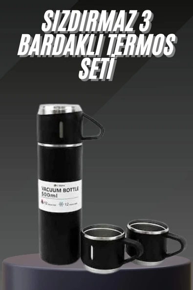 Termos Seti Paslanmaz Çelik 3 Bardaklı Vakumlu Termos Set 500 Ml 12 Saate Kadar Isı Koruma ürün görseli 1
