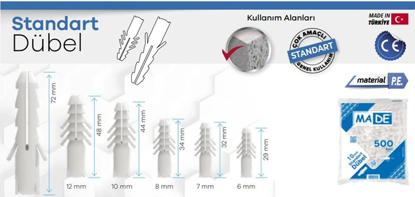 Made Standart Plastik Dübel - No: 7 - 200 Adet - Resim 2