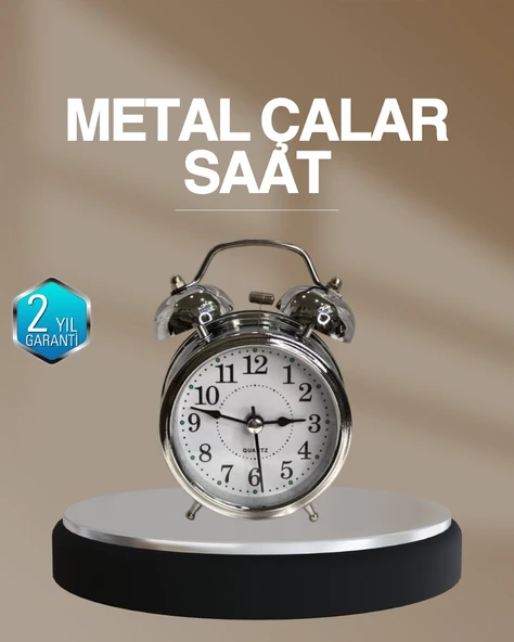 Dekoratif Yuvarlak Gümüş Sessiz Işıklı Masa Üstü Çalar Saat Alarmlı ve Şık Tasarım ürün görseli 1