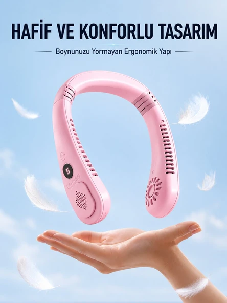 Pembe Boyun Tipi Fan USB Şarjlı Hafif Tasarım Güçlü Hava Üflemeli Serinletici ürün görseli 1