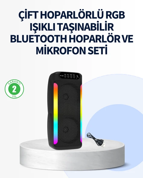 Rgb Işıklı Çift Hoparlörlü Taşınabilir Speaker Mikrofon ürün görseli 1