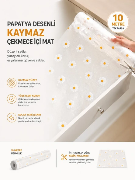 Papatya Desenli Kaymaz Dolap Ve Çekmece İçi Mat 10 Metre ürün görseli 1