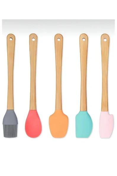 5'Li Renkli Ahşap Saplı Silikon Uçlu Spatula Fırçalı Kaşık Seti -Yemek Hazırlık Seti 21 Cm ürün görseli 1