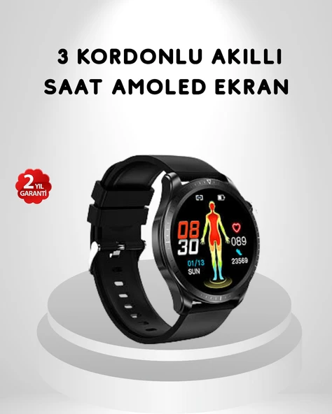 Amoled Ekranlı Akıllı Saat – 3 Kordon Seçenekli, Suya Dayanıklı, Atış Uyku Takip Özellikli ürün görseli 1