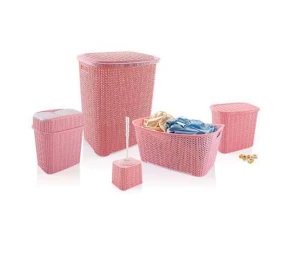 5 Parça Örgü Desenli Plastik Banyo Seti Çamaşır Sepeti Deterjanlık Klik Kovası Klozet Fırçası ürün görseli 1
