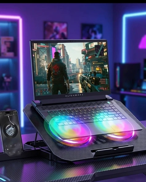Rgb Işıklı Laptop Soğutucu Stand Çift Fanlı Sessiz Çalışan Ayarlanabilir ürün görseli 1