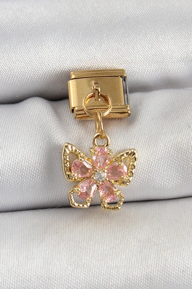 316L Çelik Sallantılı Zirkon Taşlı Çiçek Figürlü Model Gold Renk Nomination Charm ürün görseli 1