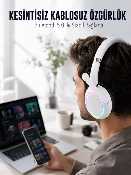 Rgb Işıklı Mikrofonlu Kulaklık Beyaz Over-Ear Tasarım Şarjlı ürün görseli 1