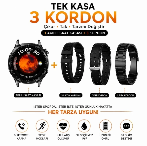 Haino Teko-33 3 Kordonlu Akıllı Saat Siyah - Resim 2