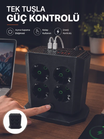 Akım Korumalı 8'Li Dikey Priz 4 Usb 2 Hızlı Şarj Destekli Çoklu Priz ürün görseli 1