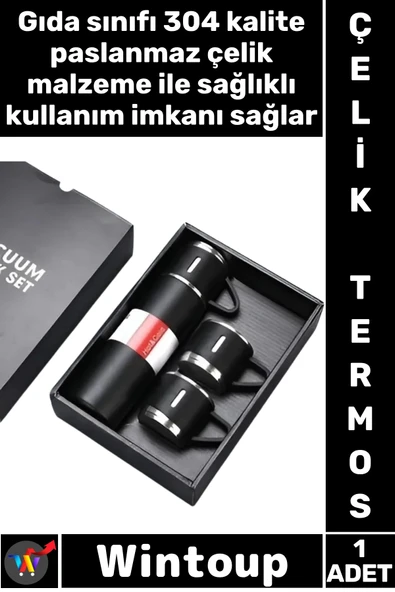 #Termos Isı Korumalı Sızdırmaz Vakumlu Outdoor Piknik Seyahat Seti Paslanmaz 3 Bardaklı Çelik Termos ürün görseli 1
