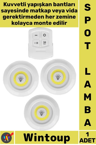 #Lamba Uzaktan Kumandalı Yapışkanlı Pilli Mutfak Banyo Dokunmatik Şık Led Aydınlatma 3'lü Spot Lamba ürün görseli 1