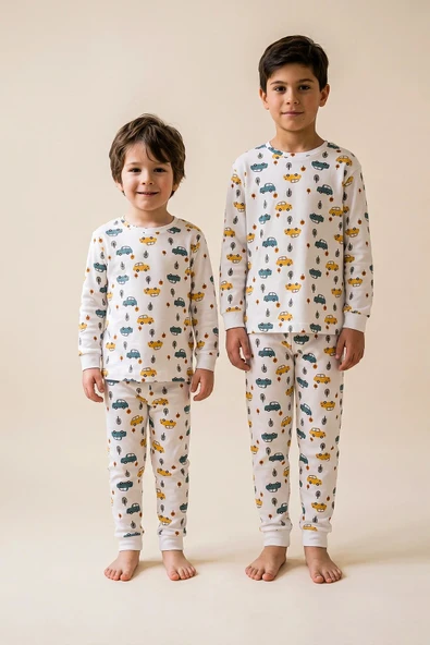 Araba Desenli %100 Pamuk Süprem Kumaş Erkek Bebek - Çocuk Pijama Takımı ürün görseli 1
