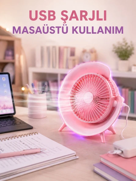 Gece Lambası Özellikli Şarjlı Mini Masaüstü Fan ürün görseli 1