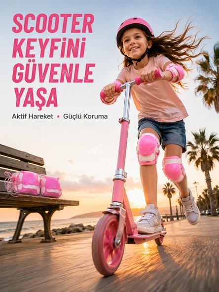 Çocuk Koruyucu Pembe Çocuk Koruyucu Spor Seti Dizlik Dirseklik El Bilek Koruyucu ürün görseli 1