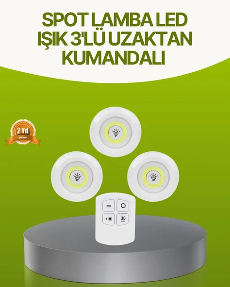 Uzaktan Kumandalı 3 Lü Kablosuz Led Spot Lamba Seti Yapışkanlı Pratik Kullanım ürün görseli 1