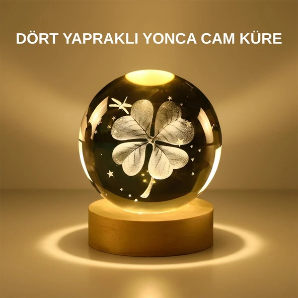 Dekoratif Yonca Görünümlü Işıklı Kristal Cam Küre USB Masa Gece Lambası ürün görseli 1