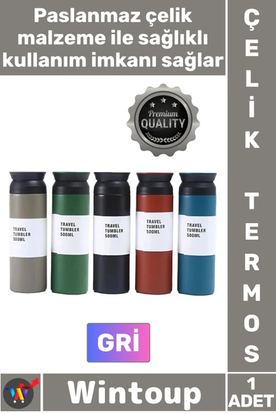#Termos Paslanmaz Sızdırmaz Vakumlu Isı Koruyucu Hediyelik Kamp Piknik Gri Şık Çelik Termos 500 ML ürün görseli 1