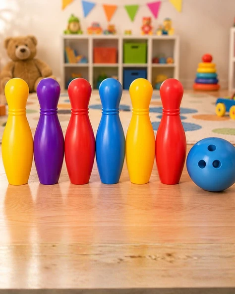 Renkli Çocuk Bowling Oyunu 6 Kukalı Eğitici Eğlence Seti ürün görseli 1