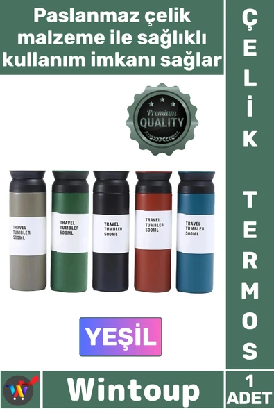 #Termos Paslanmaz Sızdırmaz Vakumlu Isı Koruyucu Hediyelik Kamp Piknik Yeşil Şık Çelik Termos 500 ML ürün görseli 1