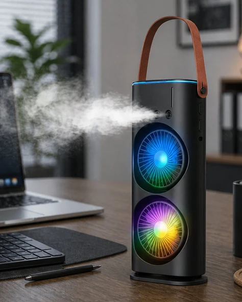 Çift Başlıklı Taşınabilir Fan RGB Işıklı Sprey Nemlendiricili Masaüstü Serinletici Fan ürün görseli 1