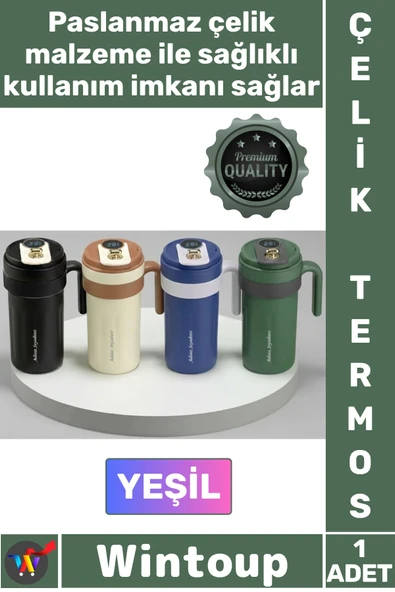 #Termos Lüks Isı Sıcak Soğuk Sızdırmaz Akıllı Matara Dijital Göstergeli Kulplu Yeşil Çelik Termos ürün görseli 1