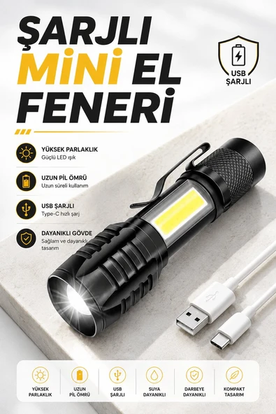 El Feneri Led USB Şarjlı Zoom Mini Led Işık Acil Durum Feneri ürün görseli 1