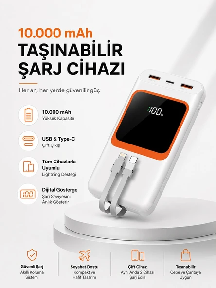 10.000 mAh Bataryalı, Dijital Göstergeli Taşınabilir Powerbank ürün görseli 1