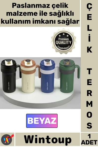 #Termos Lüks Isı Sıcak Soğuk Sızdırmaz Akıllı Matara Dijital Göstergeli Kulplu Beyaz Çelik Termos ürün görseli 1