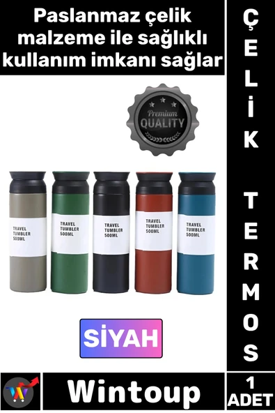 #Termos Paslanmaz Sızdırmaz Vakumlu Isı Koruyucu Hediyelik Kamp Piknik Siyah Şık Çelik Termos 500 ML ürün görseli 1