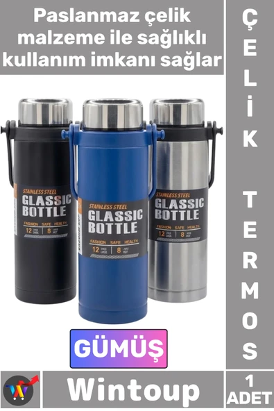 #Termos Yalıtımlı Sızdırmaz Sağlam Kamp Outdoor Soğuk Sıcak Taşıma Kulplu Çelik Termos 800 ML Gümüş ürün görseli 1