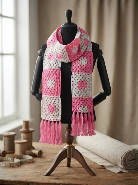 El Örgüsü Etnik Otantik Motifli Pembe-Bej Atkı & Boyunluk ürün görseli 1