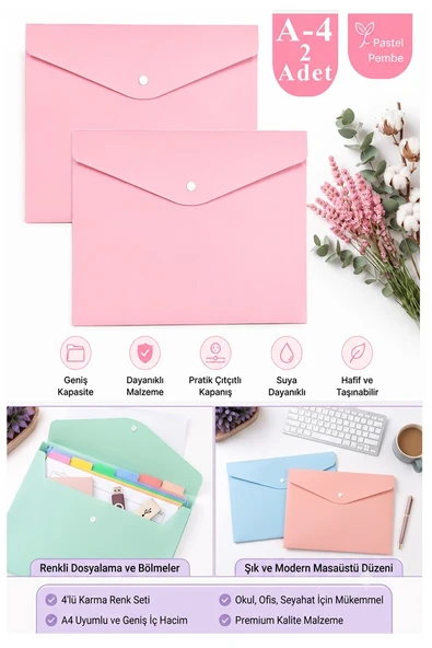 Pembe Çıtçıtlı Dosya Pastel Renk A4 2 Adet Dosy Plastik Renkli Zarf Dosya Çıt Çıtlı Dosya Ödev Evrak Belge Saklama ürün görseli 1