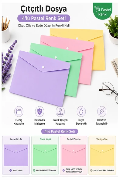 Çıtçıtlı Dosya 4 Renk Pastel A4 1 Paket Dosy Plastik Renkli Zarf Dosya Çıt Çıtlı Dosya Ödev Evrak Belge Saklama ürün görseli 1