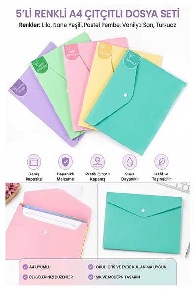 Çıtçıtlı Dosya 5 Renk Pastel A4 1 Paket Dosy Plastik Renkli Zarf Dosya Çıt Çıtlı Dosya Ödev Evrak Belge Saklama ürün görseli 1